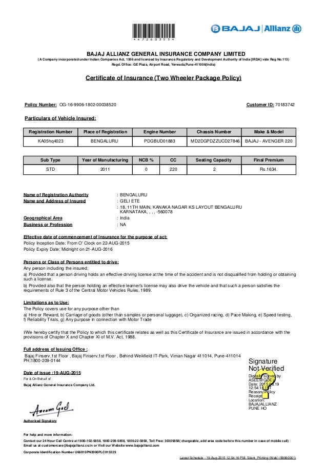 bajaj allianz two wheeler insurance soft copy